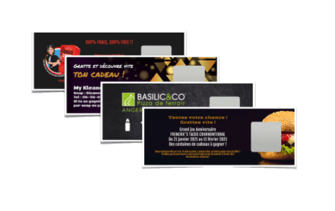 Las entradas para rascar Nano® permiten a los jugadores descubrir un premio oculto bajo un pequeño cuadrado para rascar en una tarjeta de tamaño 85mm x 30mm. Es el boleto ideal para operaciones de marketing masivas y de bajo costo. Sus gráficos y mensajes ocultos son libremente configurables en el configurador.